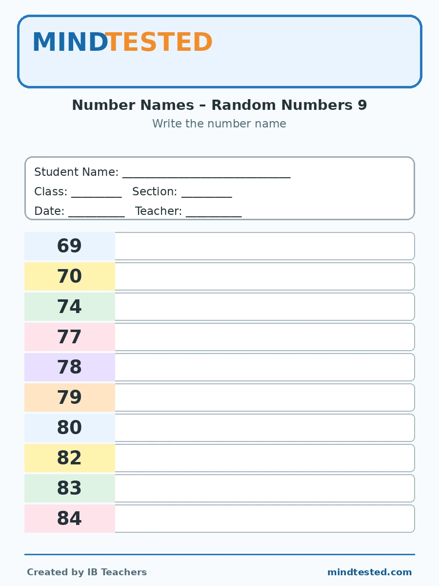 IB PYP Grade 1 Mathematics Number Names Worksheet – Random Numbers 9