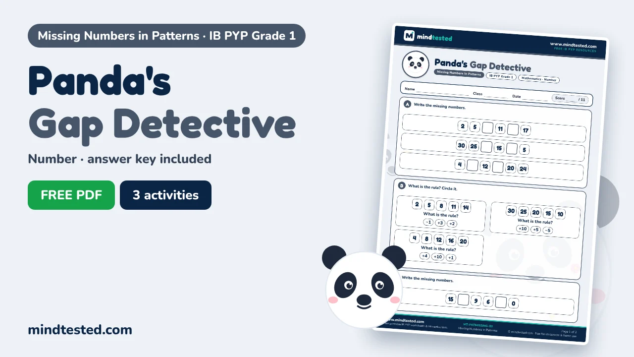 Panda's Gap Detective – Missing Numbers in Patterns Worksheet (IB PYP Grade 1)
