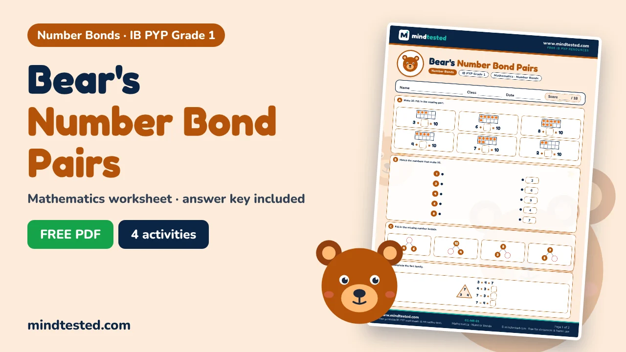 Bear's Number Bond Pairs – Number Bonds Worksheet (IB PYP Grade 1 Mathematics)