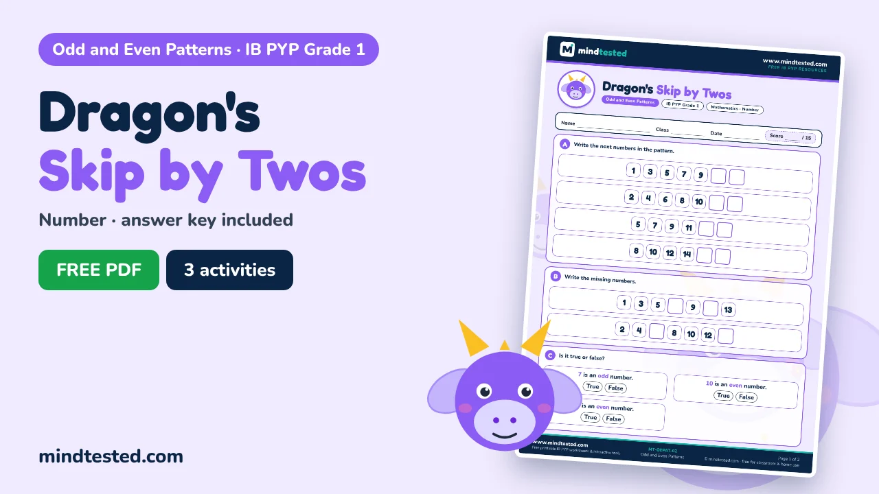 Dragon's Skip by Twos – Odd and Even Patterns Worksheet (IB PYP Grade 1)