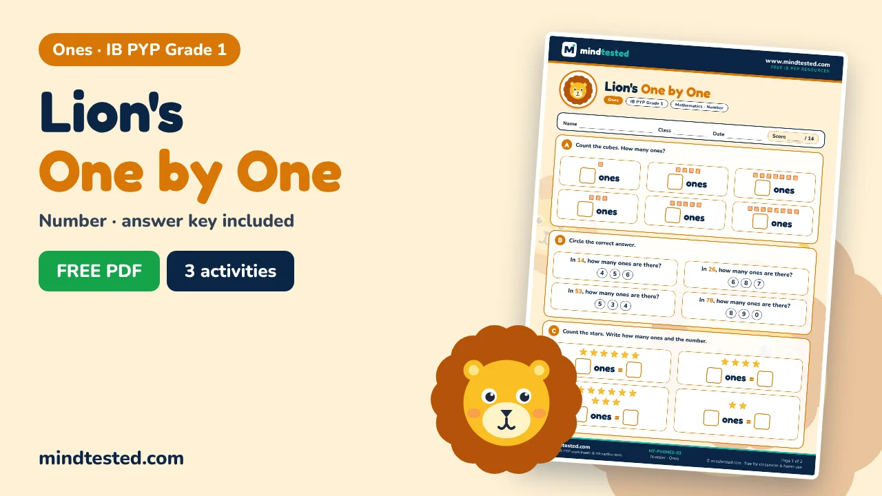 Lion's One by One – Ones Worksheet (IB PYP Grade 1)