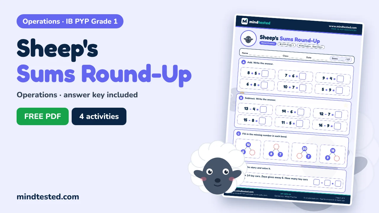 Sheep's Sums Round-Up – Operations Worksheet (IB PYP Grade 1)