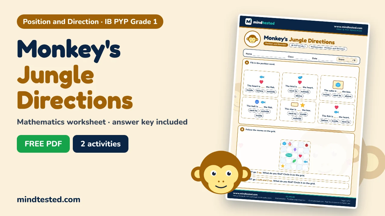 Monkey's Jungle Directions – Position and Direction Worksheet (IB PYP Grade 1 Mathematics)