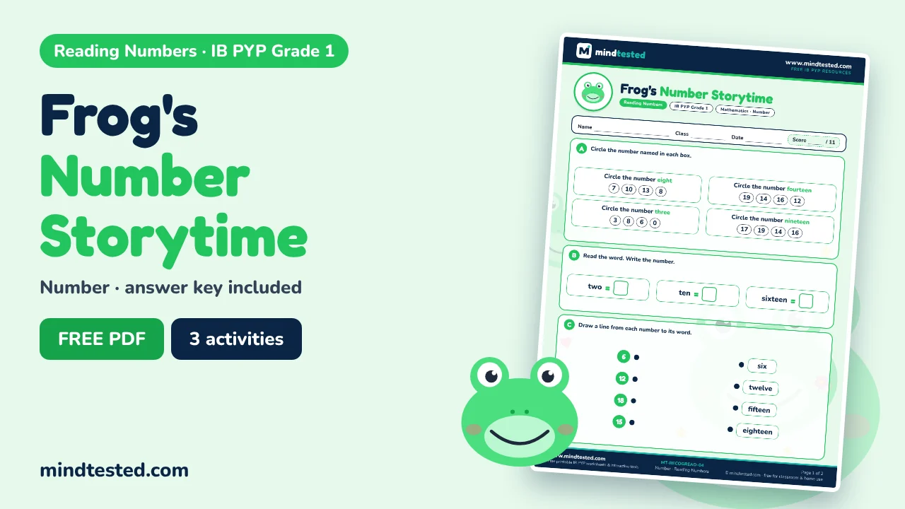Frog's Number Storytime – Reading Numbers Worksheet (IB PYP Grade 1)