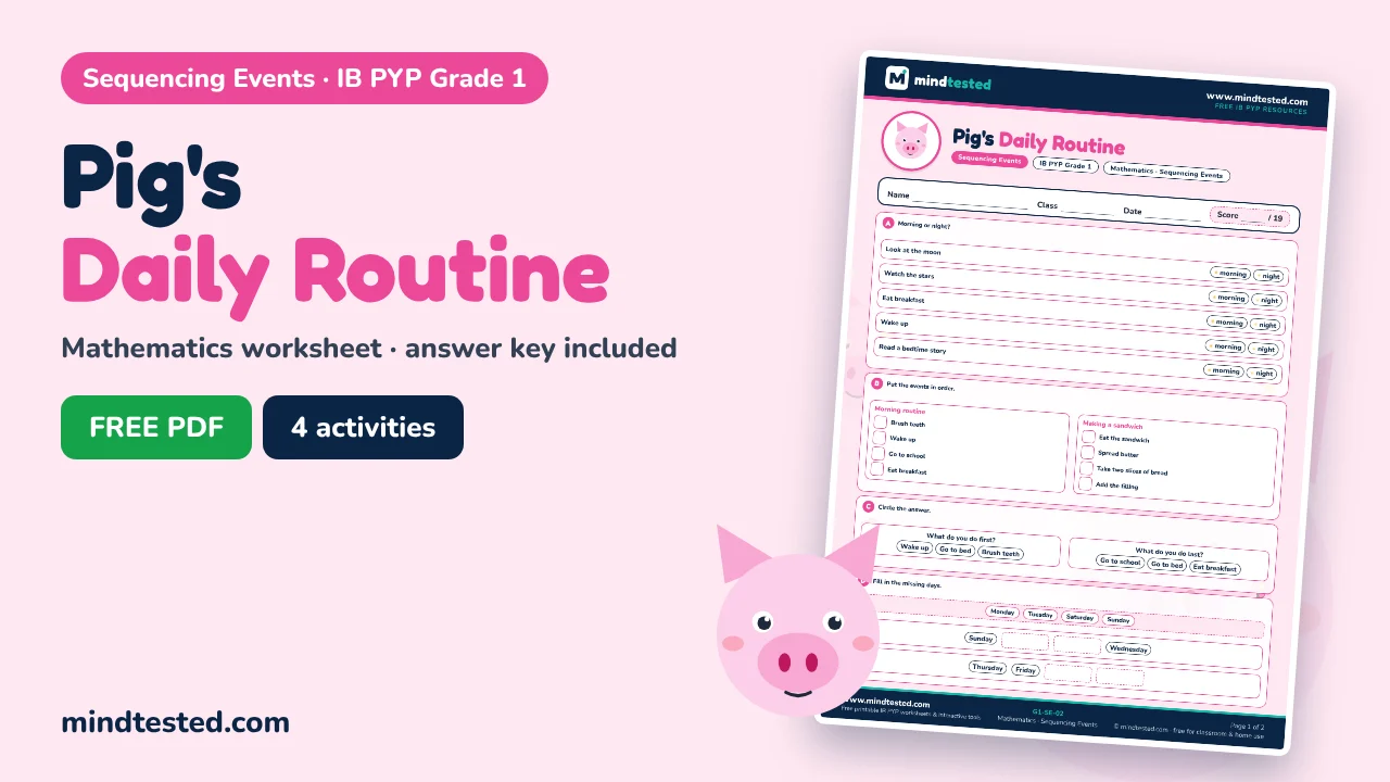 Pig's Daily Routine – Sequencing Events Worksheet (IB PYP Grade 1 Mathematics)