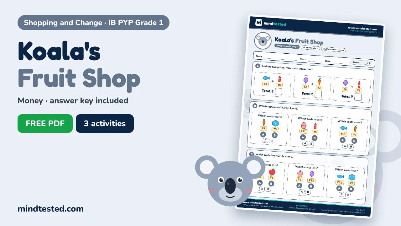 Koala's Fruit Shop – Shopping and Change Worksheet (IB PYP Grade 1)
