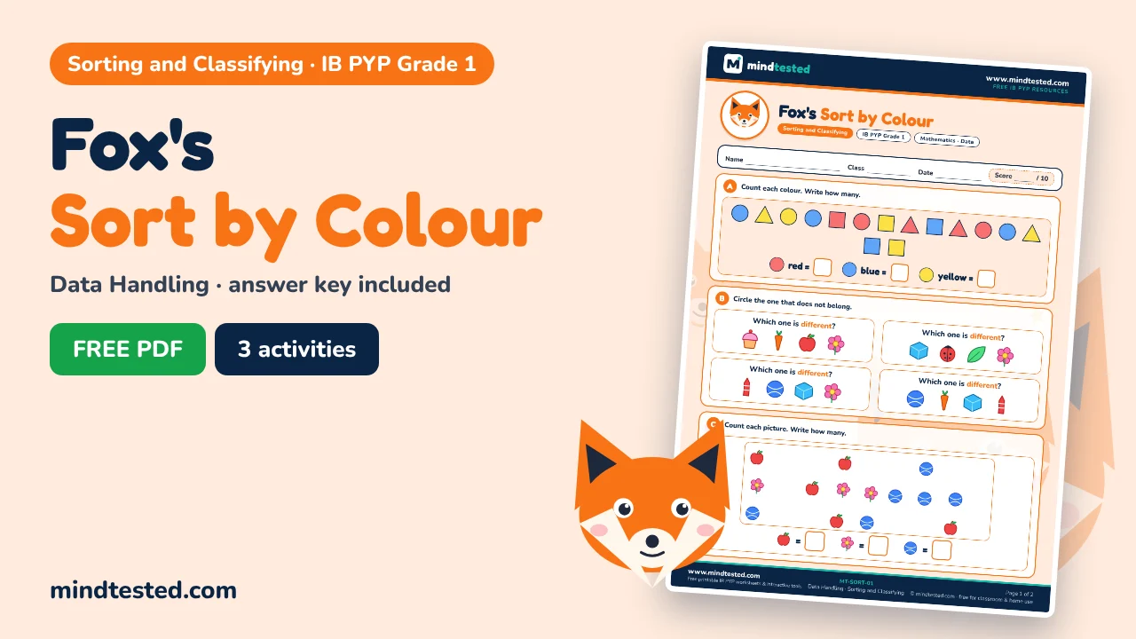 Fox's Sort by Colour – Sorting and Classifying Worksheet (IB PYP Grade 1)