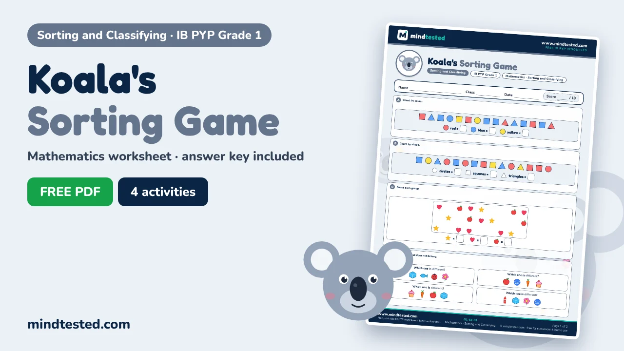 Koala's Sorting Game – Sorting and Classifying Worksheet (IB PYP Grade 1 Mathematics)