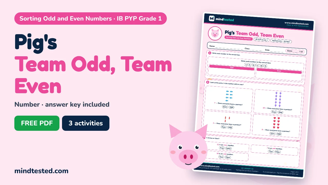Pig's Team Odd, Team Even – Sorting Odd and Even Numbers Worksheet (IB PYP Grade 1)