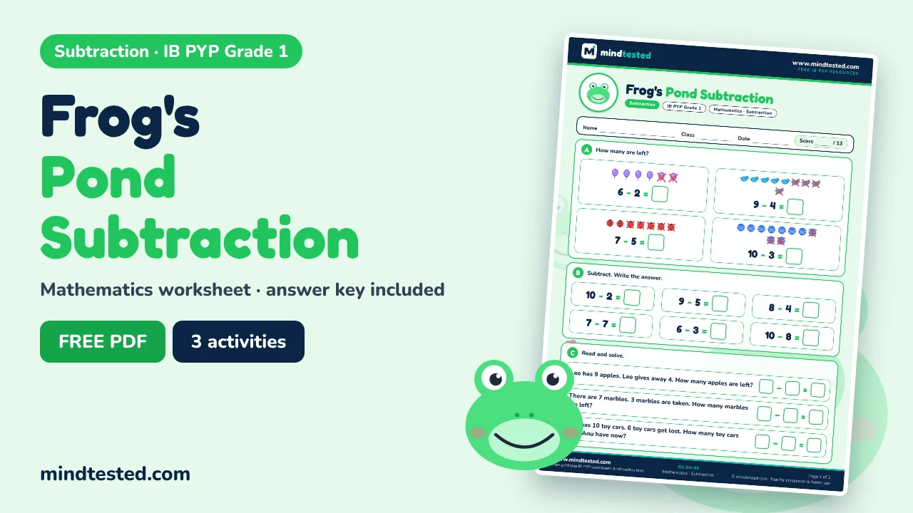 Frog's Pond Subtraction – Subtraction Worksheet (IB PYP Grade 1 Mathematics)