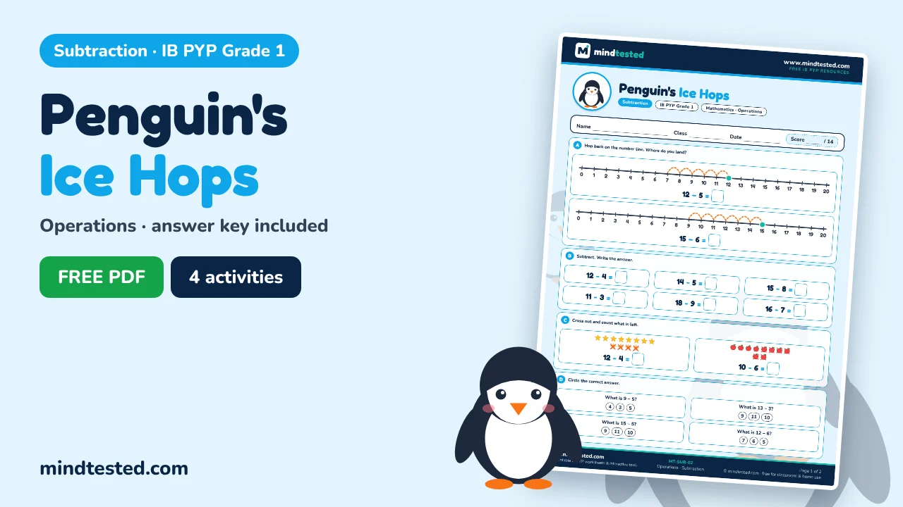 Penguin's Ice Hops – Subtraction Worksheet (IB PYP Grade 1)