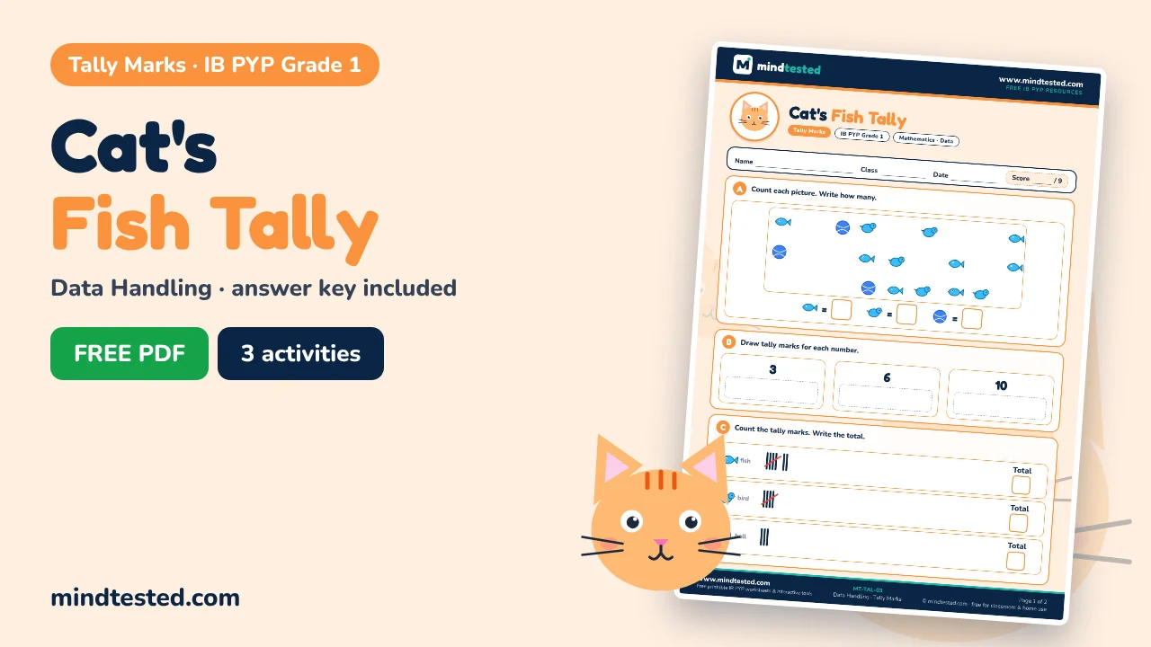 Cat's Fish Tally – Tally Marks Worksheet (IB PYP Grade 1)