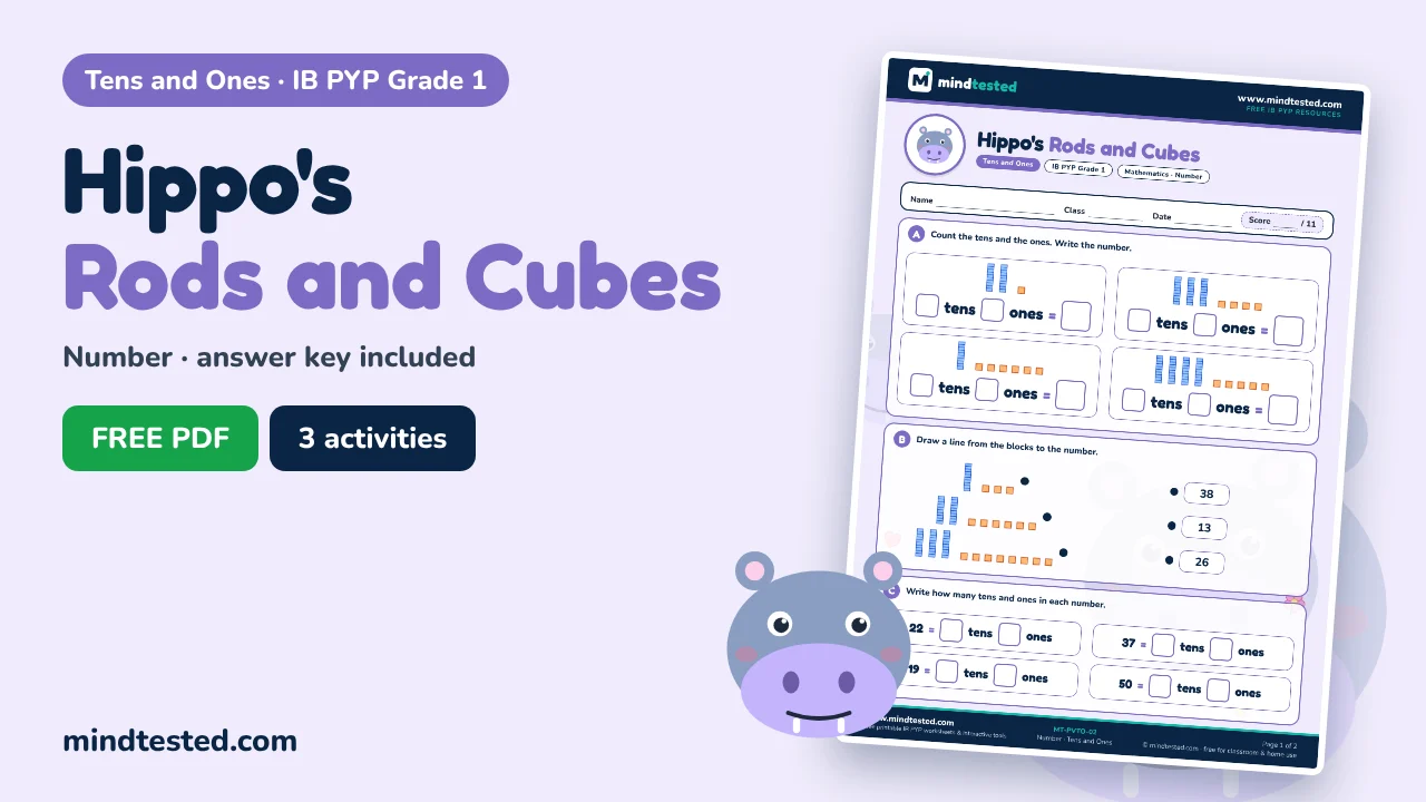 Hippo's Rods and Cubes – Tens and Ones Worksheet (IB PYP Grade 1)