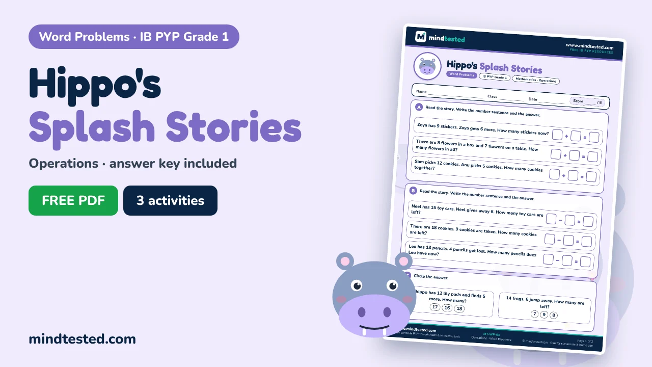 Hippo's Splash Stories – Word Problems Worksheet (IB PYP Grade 1)