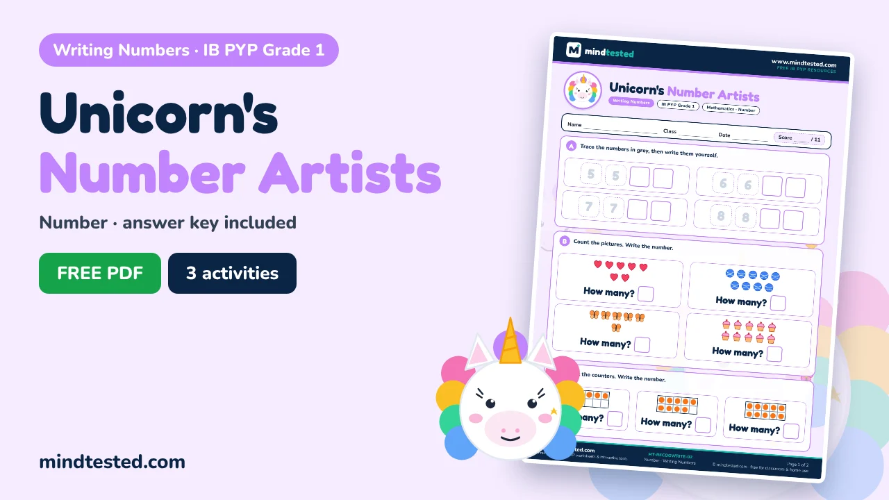 Unicorn's Number Artists – Writing Numbers Worksheet (IB PYP Grade 1)